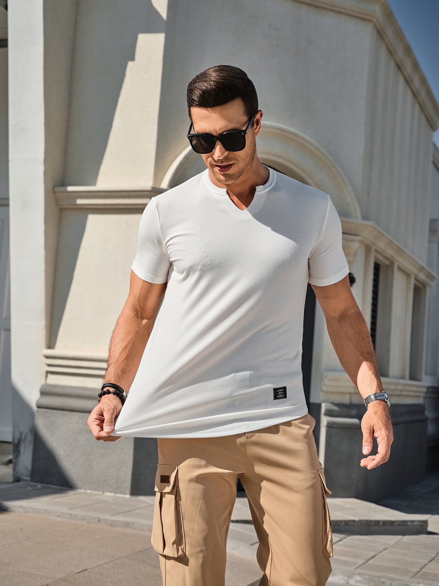 Mens T-Shirts Short Sleeve V Neck Henley Shirt Muscle Fit Gym Workout Athletic Fresh Clean Classic Tees