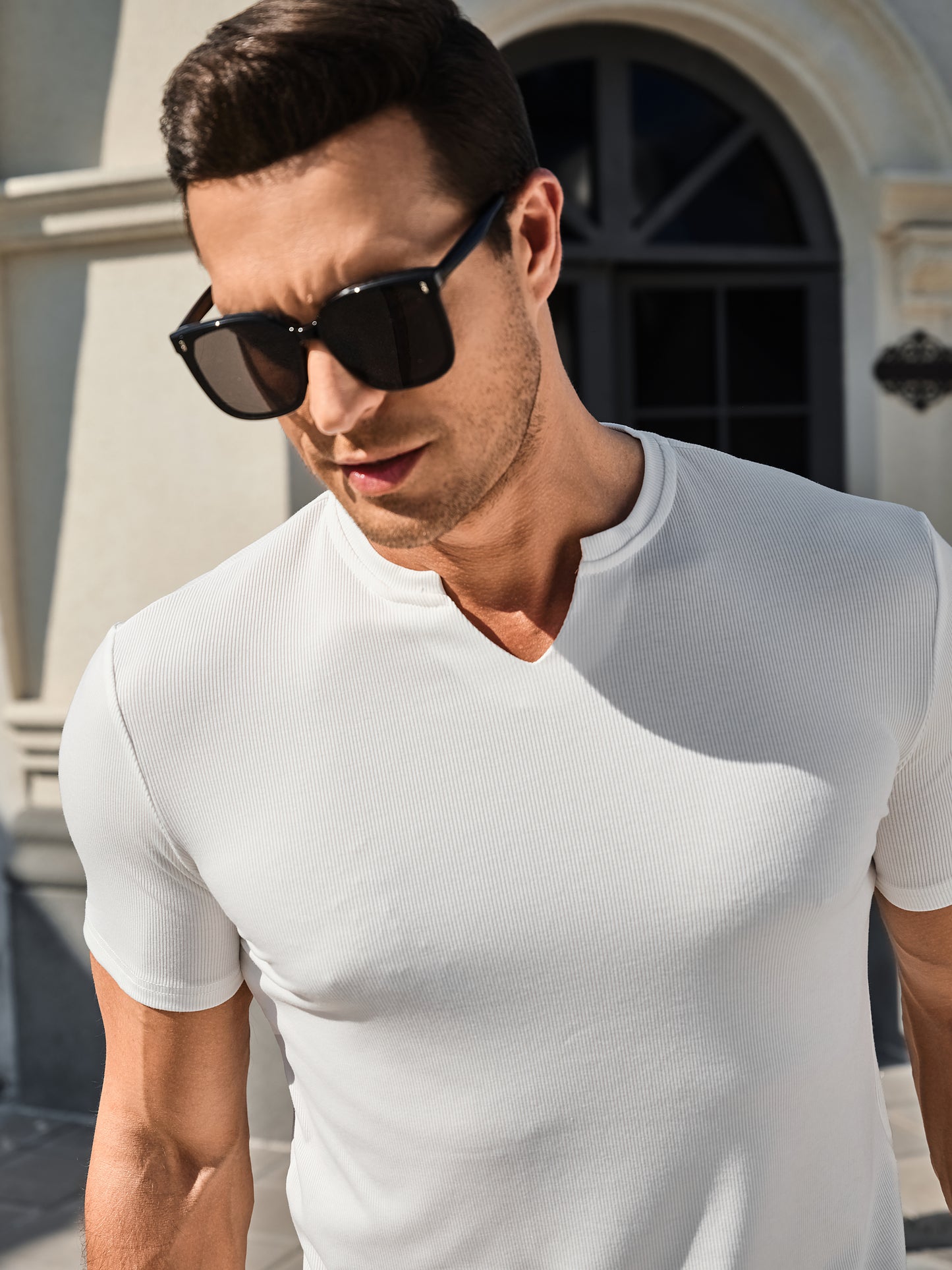 Mens T-Shirts Short Sleeve V Neck Henley Shirt Muscle Fit Gym Workout Athletic Fresh Clean Classic Tees