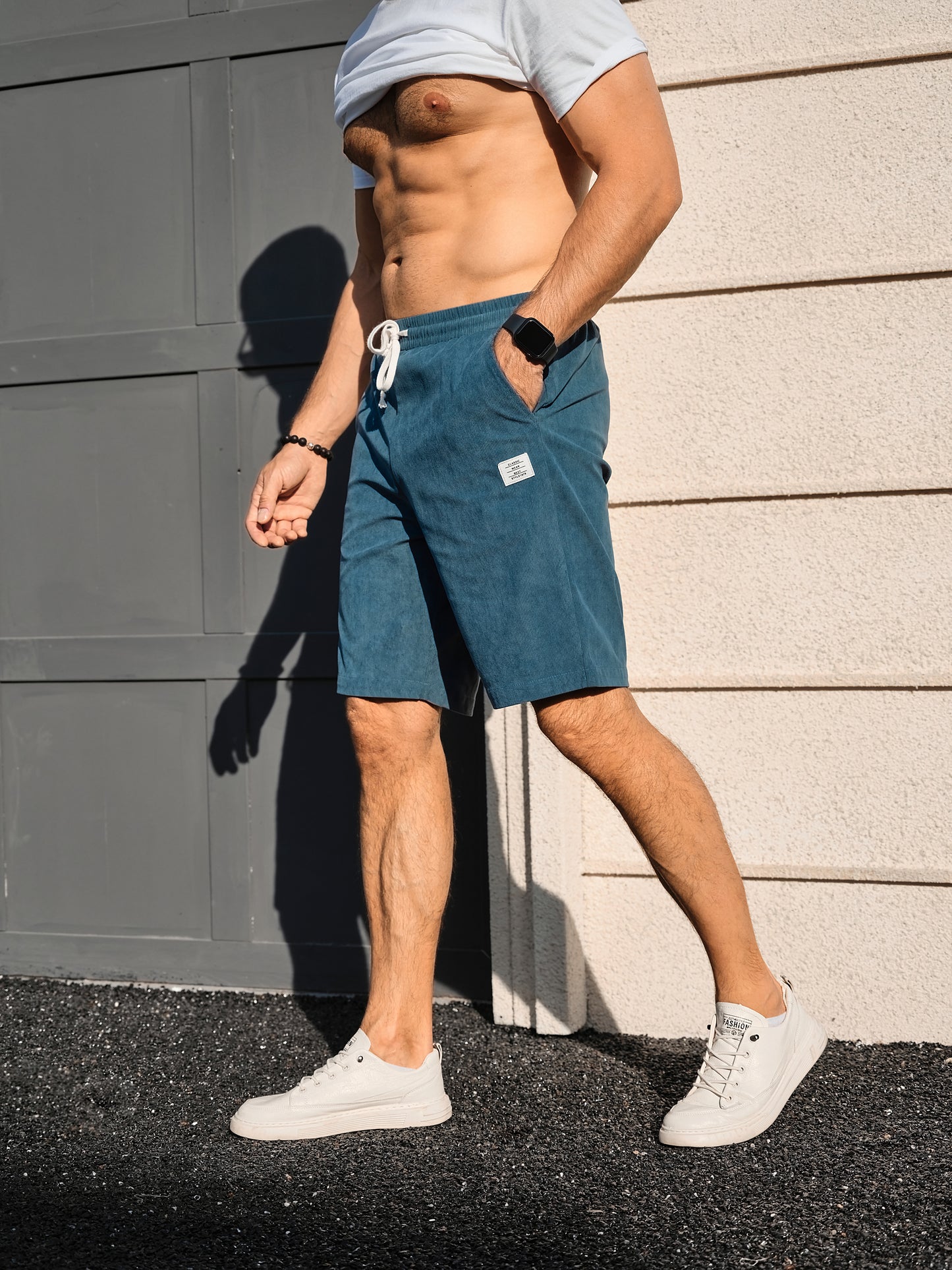 Men's Shorts Casual Corduroy Drawstring Elastic Waist Lightweight Summer Beach Shorts Loose Fit
