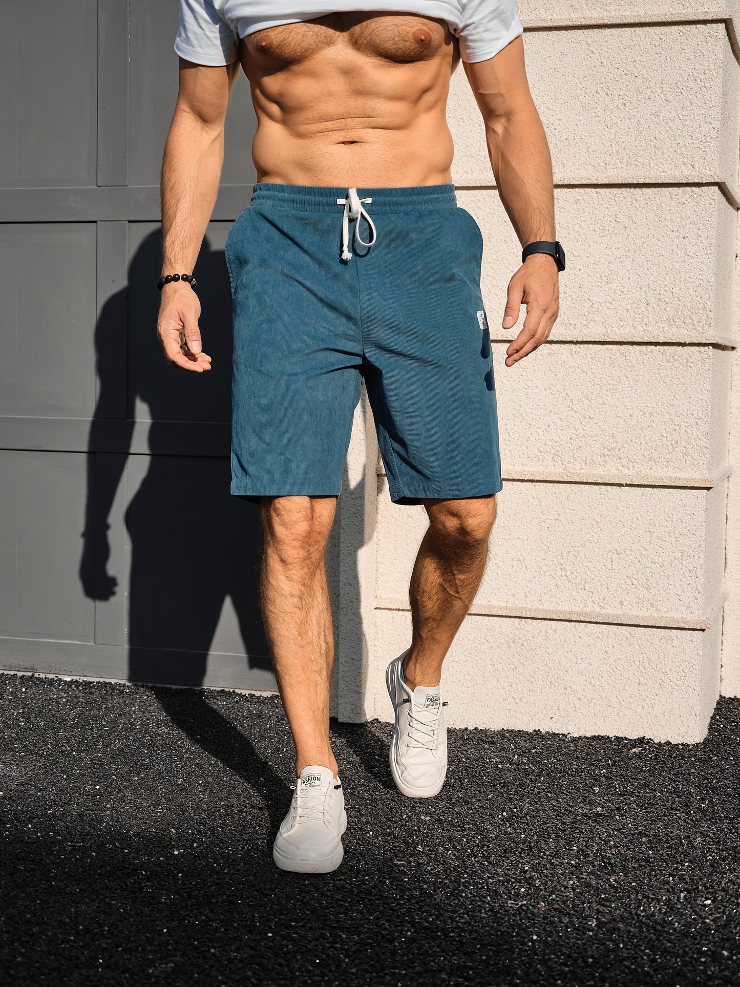 Men's Shorts Casual Corduroy Drawstring Elastic Waist Lightweight Summer Beach Shorts Loose Fit