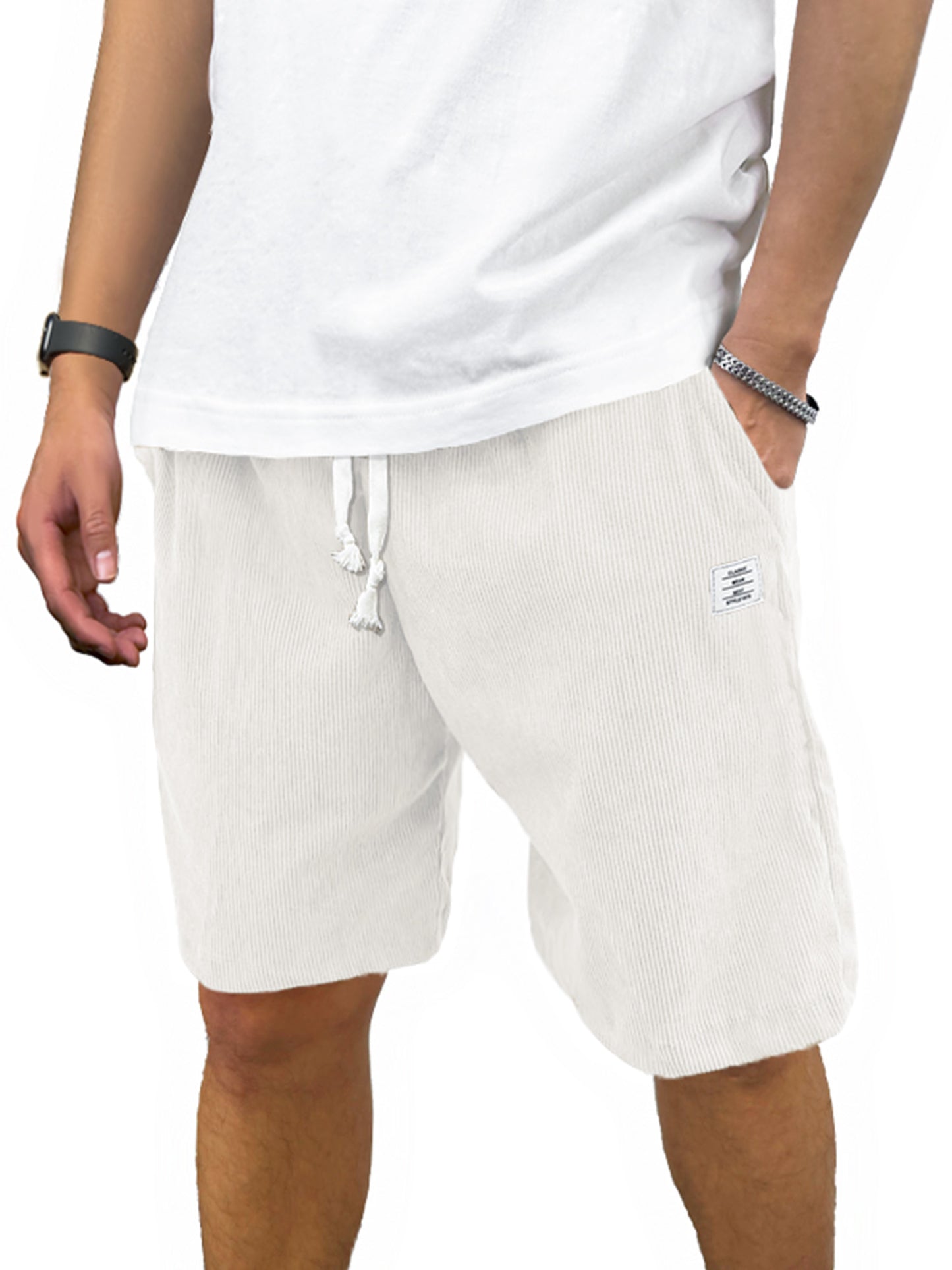 Men's Shorts Casual Corduroy Drawstring Elastic Waist Lightweight Summer Beach Shorts Loose Fit