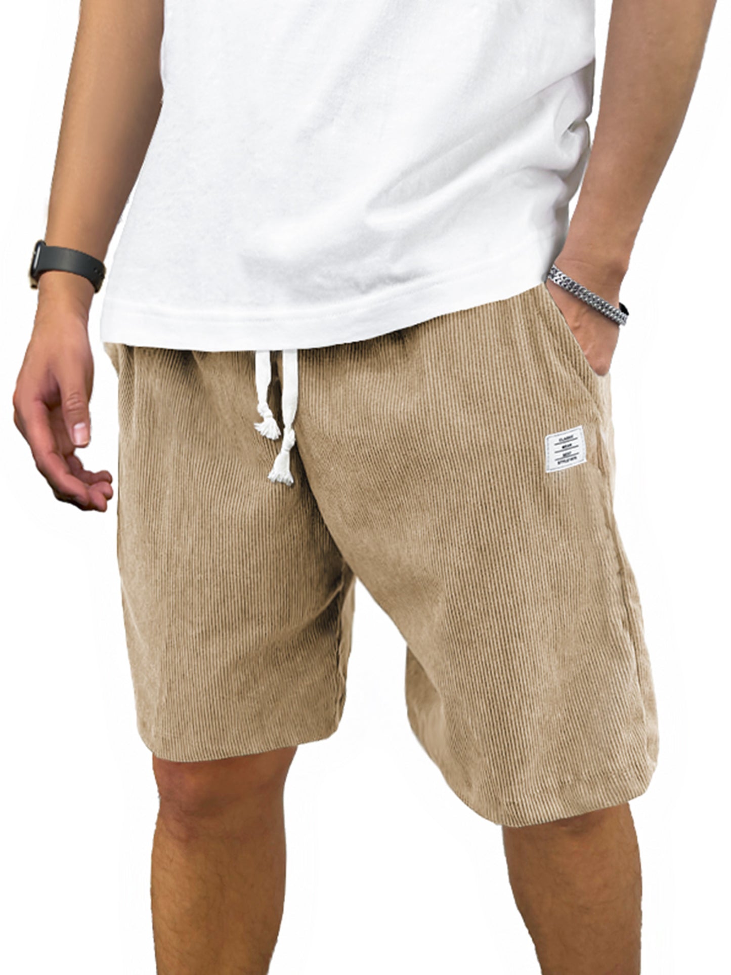 Men's Shorts Casual Corduroy Drawstring Elastic Waist Lightweight Summer Beach Shorts Loose Fit