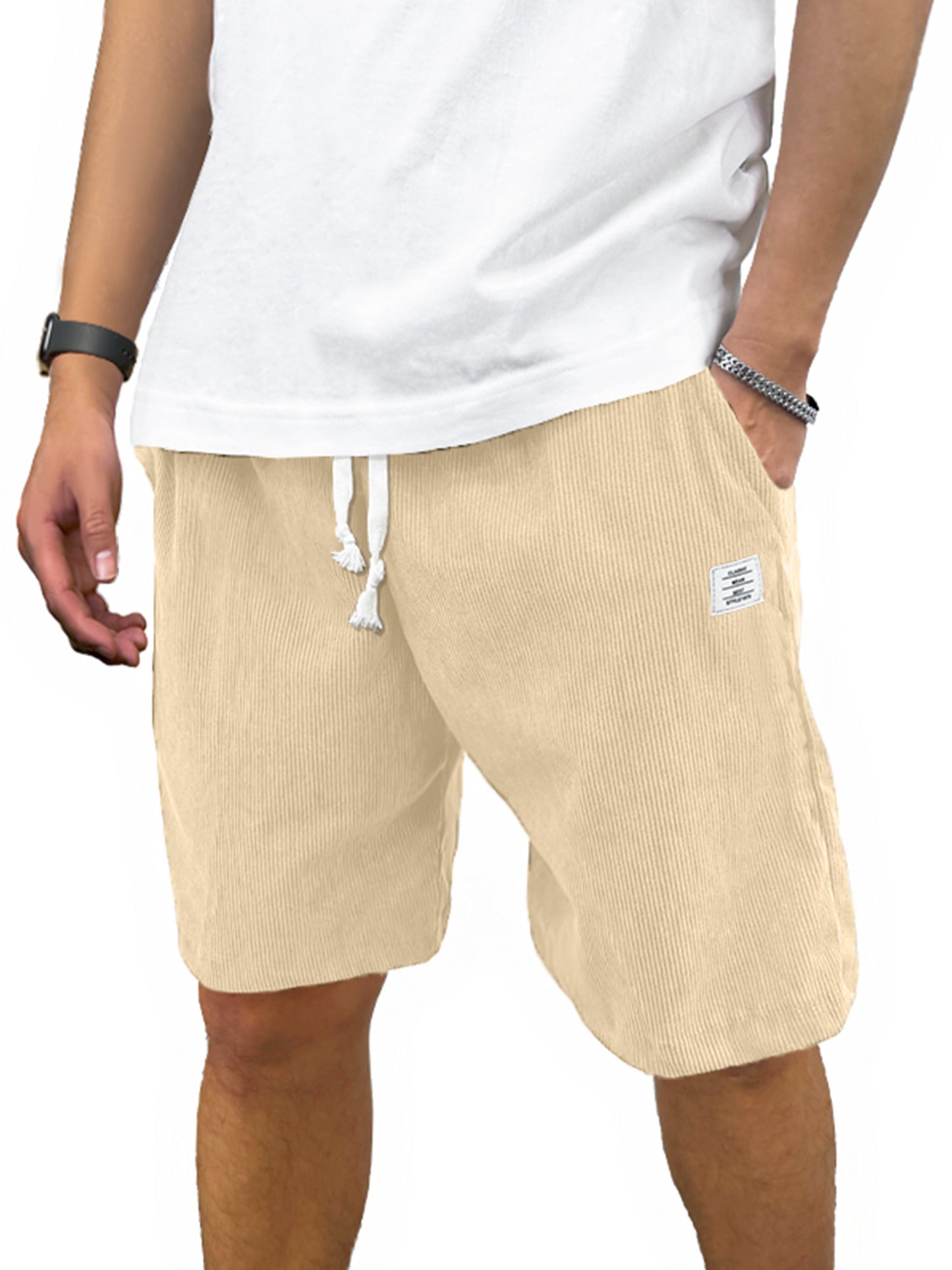 Men's Shorts Casual Corduroy Drawstring Elastic Waist Lightweight Summer Beach Shorts Loose Fit